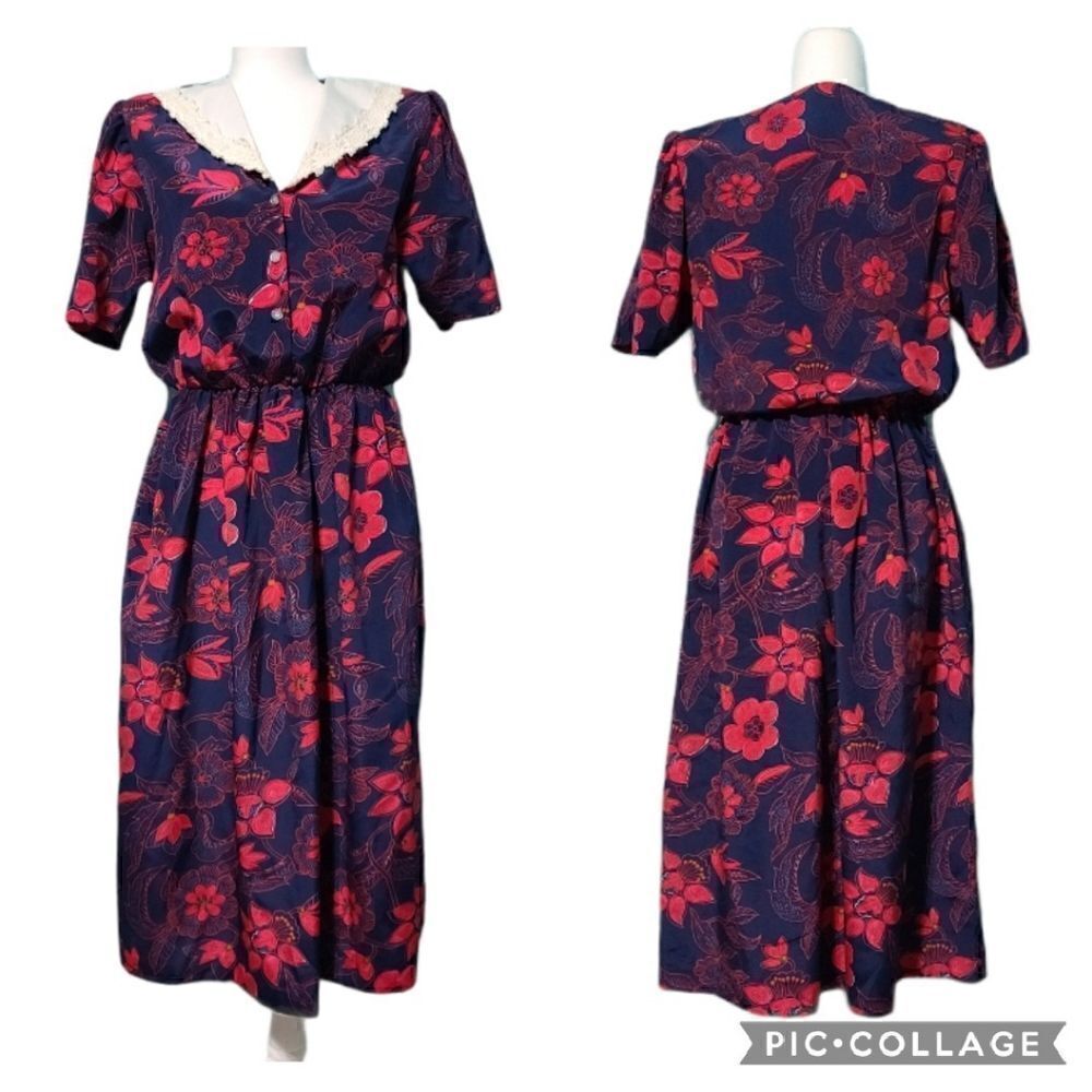 Vintage Secretary Geek Floral Navy Cherry Red Dress White Laced Collar Medium